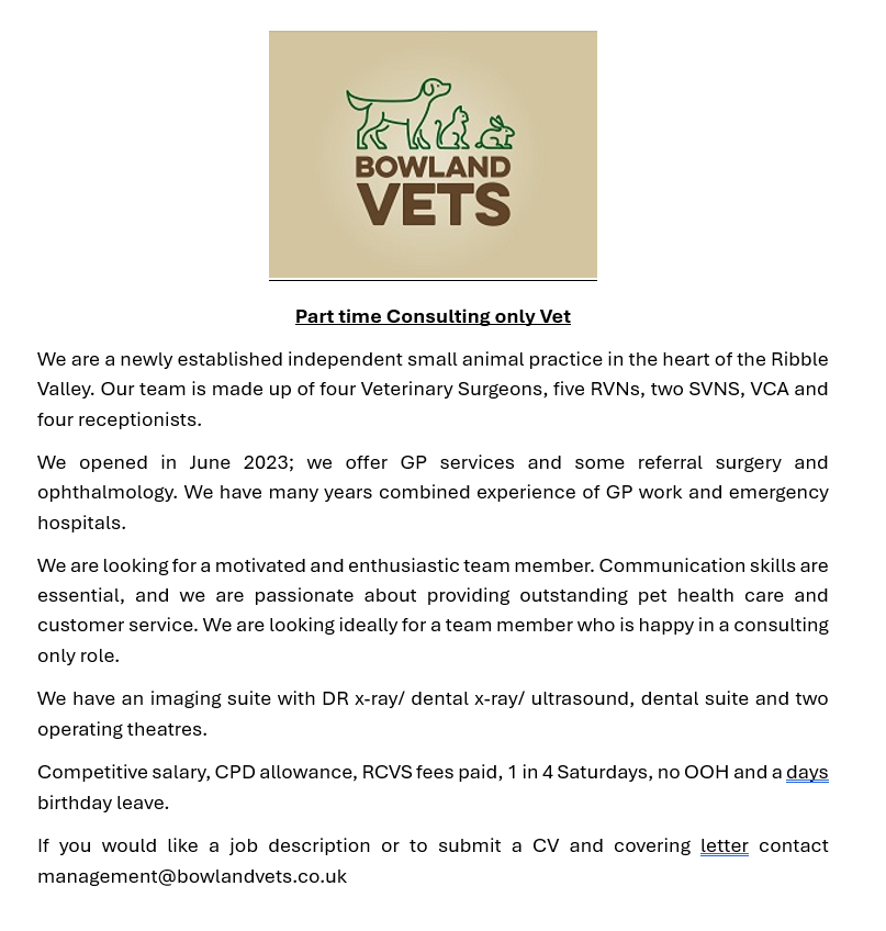 Registered Part time Consulting Vet - Vacancy at Bowland Vets