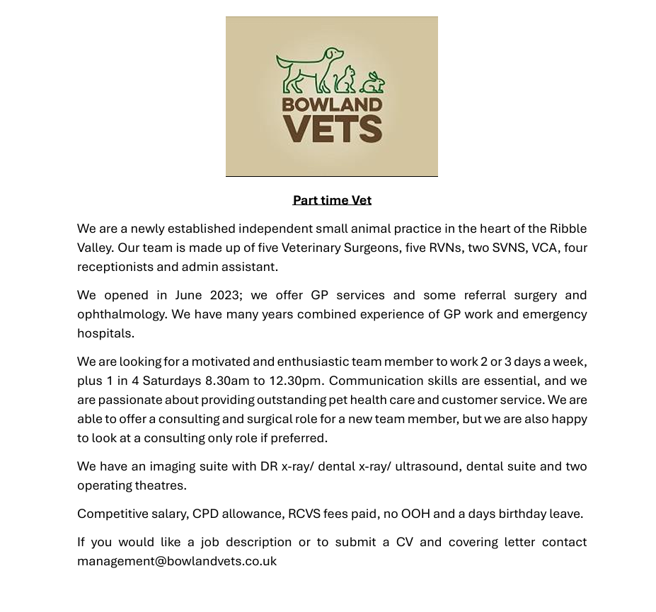 Bowland Vet Part Time Vacancy