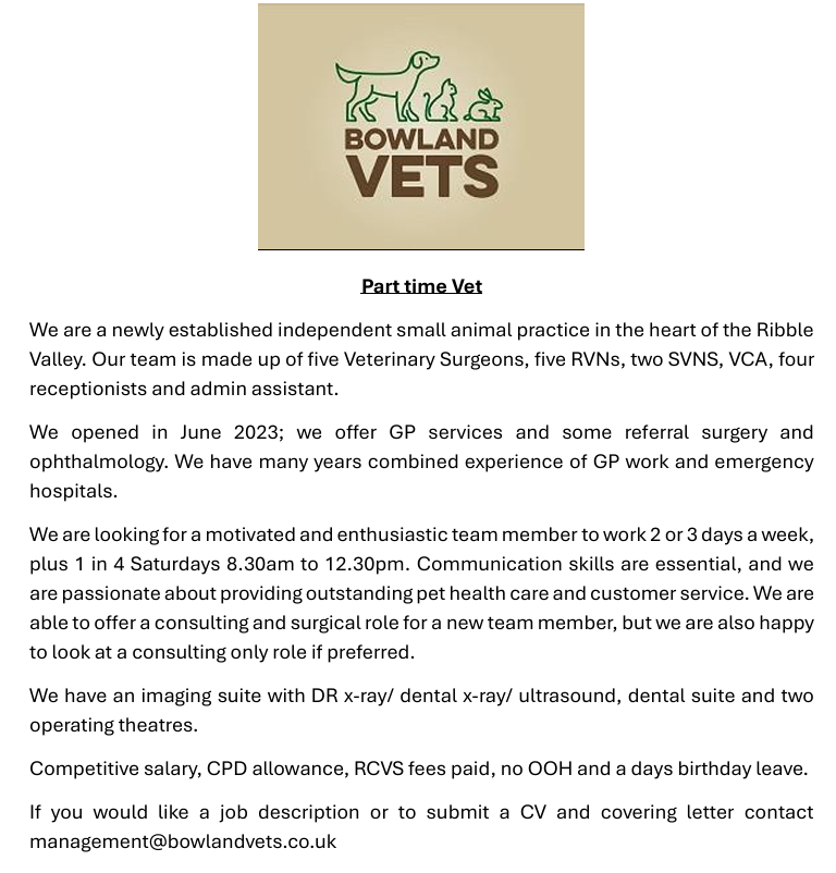 Part time Vet Advert Feb 26